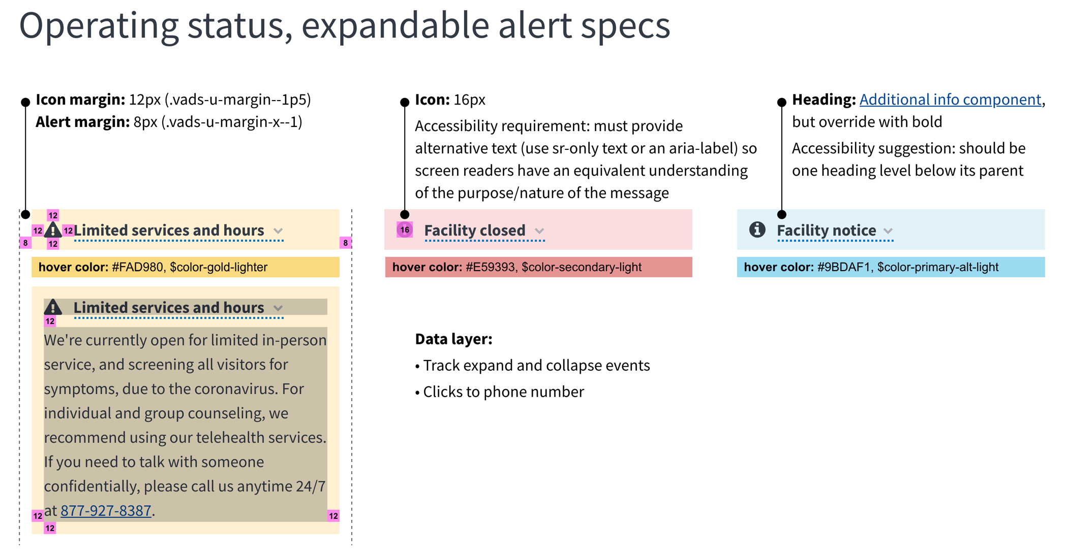 Image of expandable alert component specs in UXPin
